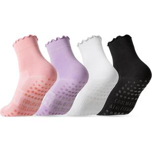 CoolMate Pilates Socks with Grips for Women, Yoga Socks, Crew Non Slip Women for Barre, Pilates Gifts for Women (A-06k. 4 Pairs Ruffle Black/White/Light Purple/Pink)