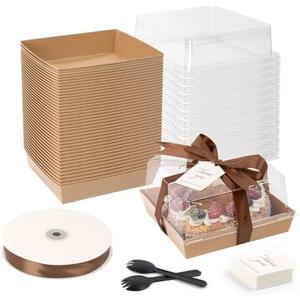 DeziWood 7 x 7 x 4 Inches Paper Cake Boxes with Clear Lids, 50 Pack Brown Charcuterie Boxes Large Square Food Containers, Disposable Bakery Boxes for Valentine's Day 4-6 Inch Bundt Cake, Pie, Dessert