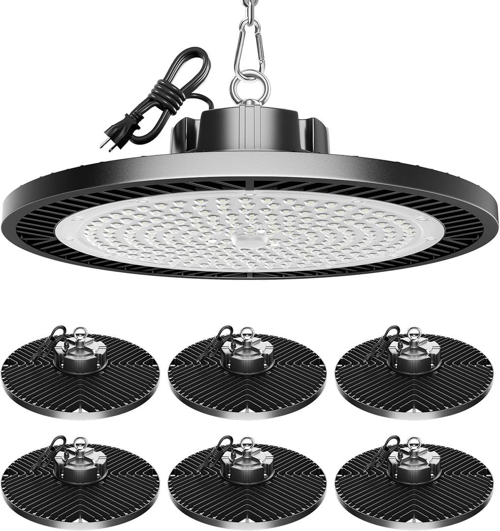 Upgrade 350w Led Shop Lights, 6 Pack Super Bright 52500lm 5000k UFO Led High Bay Light, High Bay Led Shop Lights with Us Plug 5' Cable for Garage Workshop Factory Barn Gym Warehouse