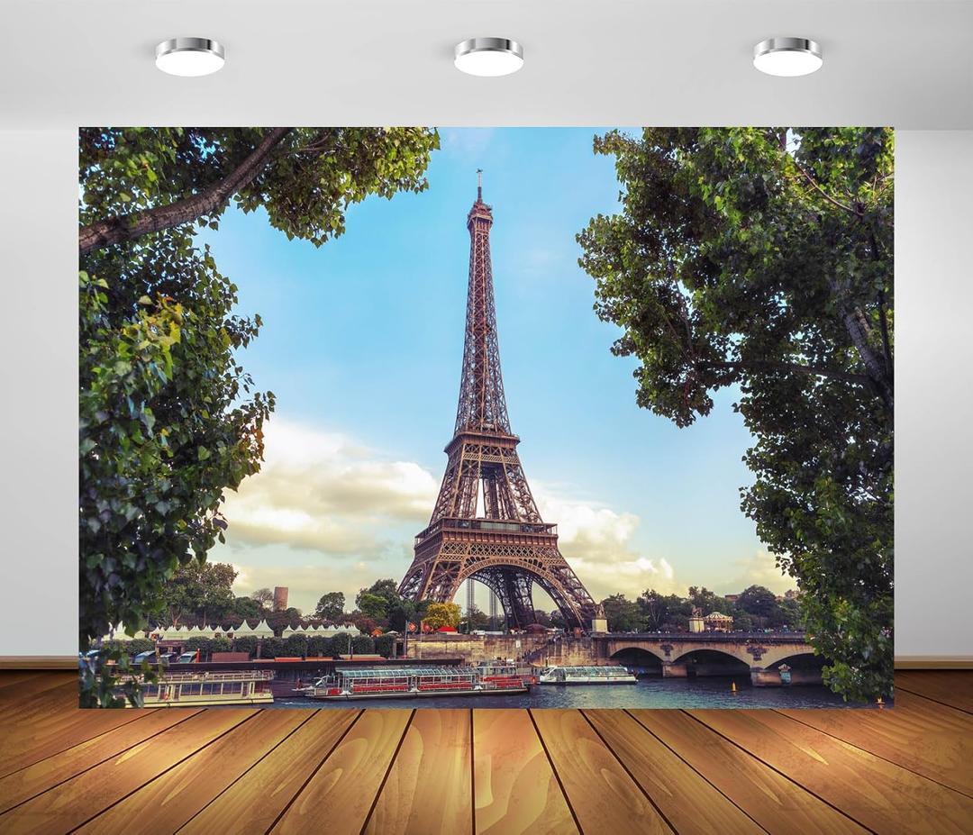BELECO 7x5ft Fabric Paris Eiffel Tower Backdrop for Photography Seine River Scenery Sightseeing Boats Ships France Famous Landmark Background Paris Party Decorations Birthday Photoshoot Studio Props (A13990)