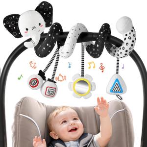 URMYWO Spiral Car Seat Toys for Babies 0-6 Months, Black and White Baby Toys, High Contrast Baby Toys for Newborn, Hanging Toy Fits Stroller, Shower Gift for Boys Girls