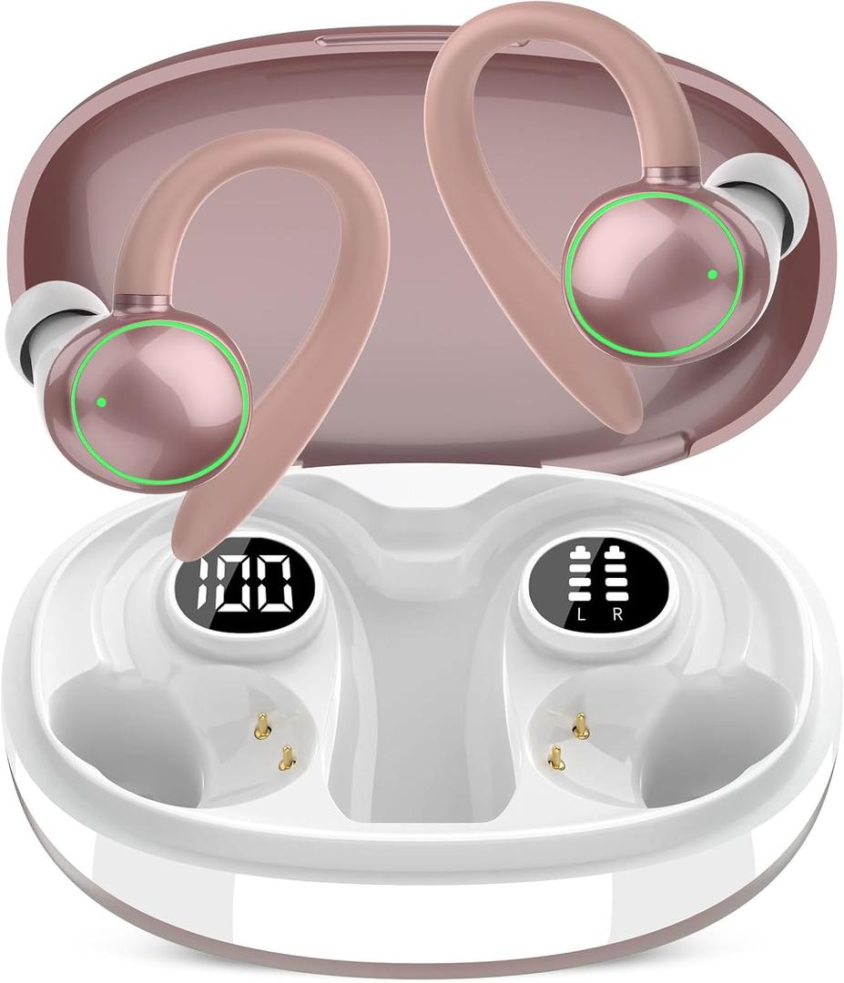 Wireless Earbuds, Bluetooth 5.4 Headphones Sport, Over Ear Buds With ENC Noise Cancelling Mic, 48H, Wireless Earphone With Earhooks, Stereo Deep Bass, IP7 Waterproof for Workout Running, Rose Gold