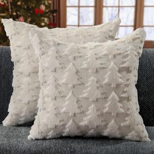 DFXSZ Christmas Pillow Covers 18x18 inch Set of 2 Cream White Christmas Tree Decoration Soft Plush Faux Fur Jacquard Throw Pillows for Bedroom Sofa Holiday Festivals Winter Home Decor PTK070E18
