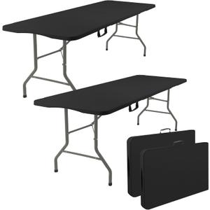 Fivenl 2 Pack 6 Feet Portable Folding Table Black, Steel Legs Fold-in-Half with Carrying Handle Rectangular Plastic Foldable Table for Party, Wedding, Camping, Picnic, Dining, Indoor Outdoor Events