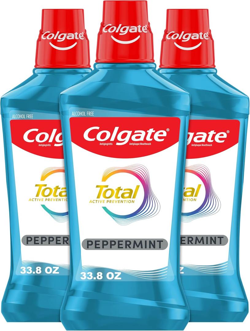 Colgate Total Alcohol Free Mouthwash, Peppermint for Bad Breath, Helps Prevent Gingivitis and Plaque, 3 Pack, 33.8 Oz Each
