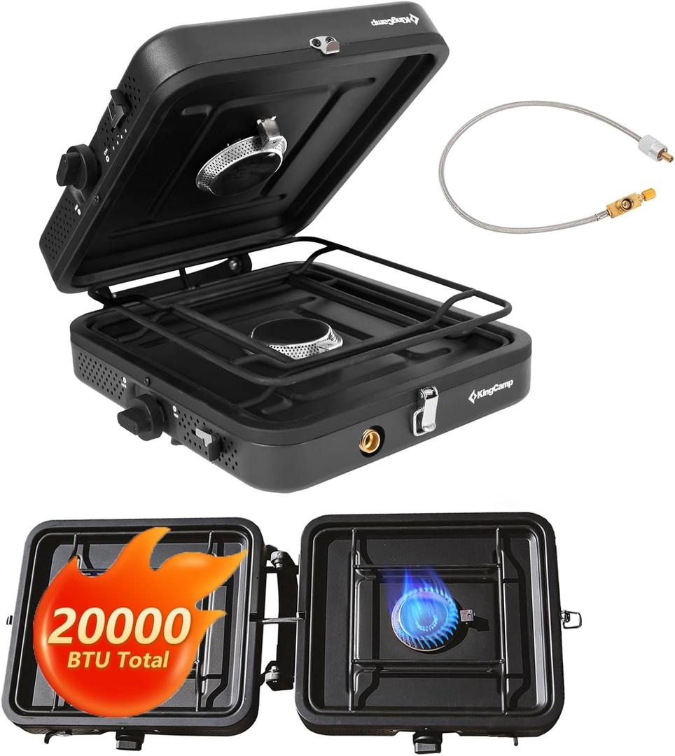 KingCamp 2 Burner Camping StovePortable Folding Stove with 20000 BTUBackpacking Camp Stove for Outdoor Cooking2 Adjustable Burners & Piezo Ignition for BBQ Hiking Backpacking Camping