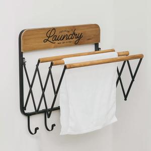 Accordion Laundry Rack, Retractable Wall Mounted Racks, 3 Bars & 5 Hooks for Drying Rack Hanging Towels Clothes Save Space Perfect for Laundry Room, Bathroom, Mudroom, Wall Decor, 20 x 20 x 13.75 inches