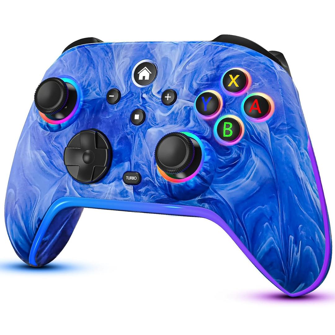 JAVRUNWOF Switch Controller-Wireless-Switch-Pro-Controllers-Blue Compatible with Switch/Lite/OLED,1200mAh Rechargeable Remote Gamepad Joystick with 10 RGB Led Light,6-Axis Gyro,Turbo,Wake Up,Motion