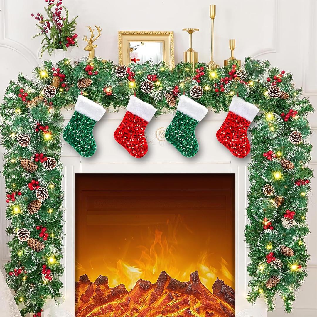 9 FT Christmas Garland with 4 Sequined Christmas Stockings, 50 LED Lights 8 Modes, Battery Operated, Decorated with Pine Cones, Red Berries, Snow Pine Cones Stairs Fireplace Home Decor