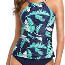 Tempt Me Two Piece Tankini Set Tummy Control Swimsuit for Women High Neck Top with Bottom Bathing Suits Ruched Swimwear (Large, Navy Blue)