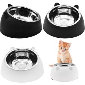 Hamiledyi Raised Cat Bowls 4 PCS - 15 Tilted Elevated Stainless Steel Food & Water Bowls for Anti-Vomiting, Spill Proof - Detachable Pet Dish Set for Cats/Kittens Feeding (Black+White, 200+400 ML)