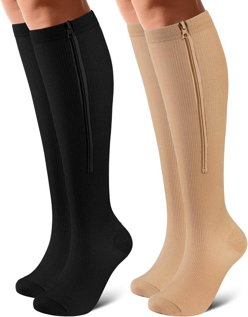 Zipper Compression Socks Close Toe 2 Pairs for Women&Men 15-20mmHg Knee High Support Socks for Running Cycling (Large-X-Large)