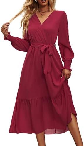 PRETTYGARDEN Women's Floral Boho Dress Fall Long Sleeve Wrap V Neck Ruffle Flowy Maxi Spring Wedding Guest Vacation Dresses, XL