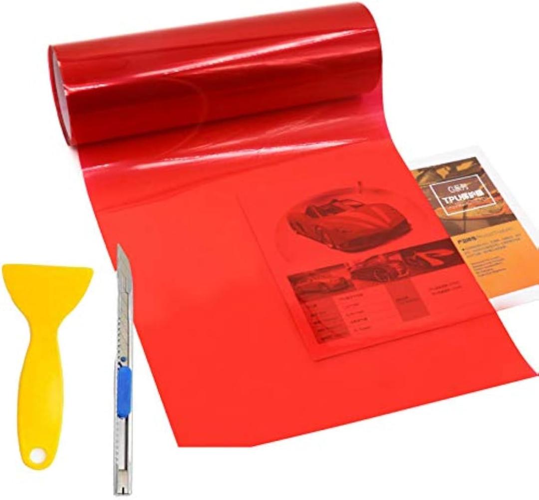 KOMAS 12 X 48 Tint Vinyl Film Sticker Sheet Roll for Car Headlight, Tail Lights, Fog Lights with Squeegee + Cutter (Glossy Red)