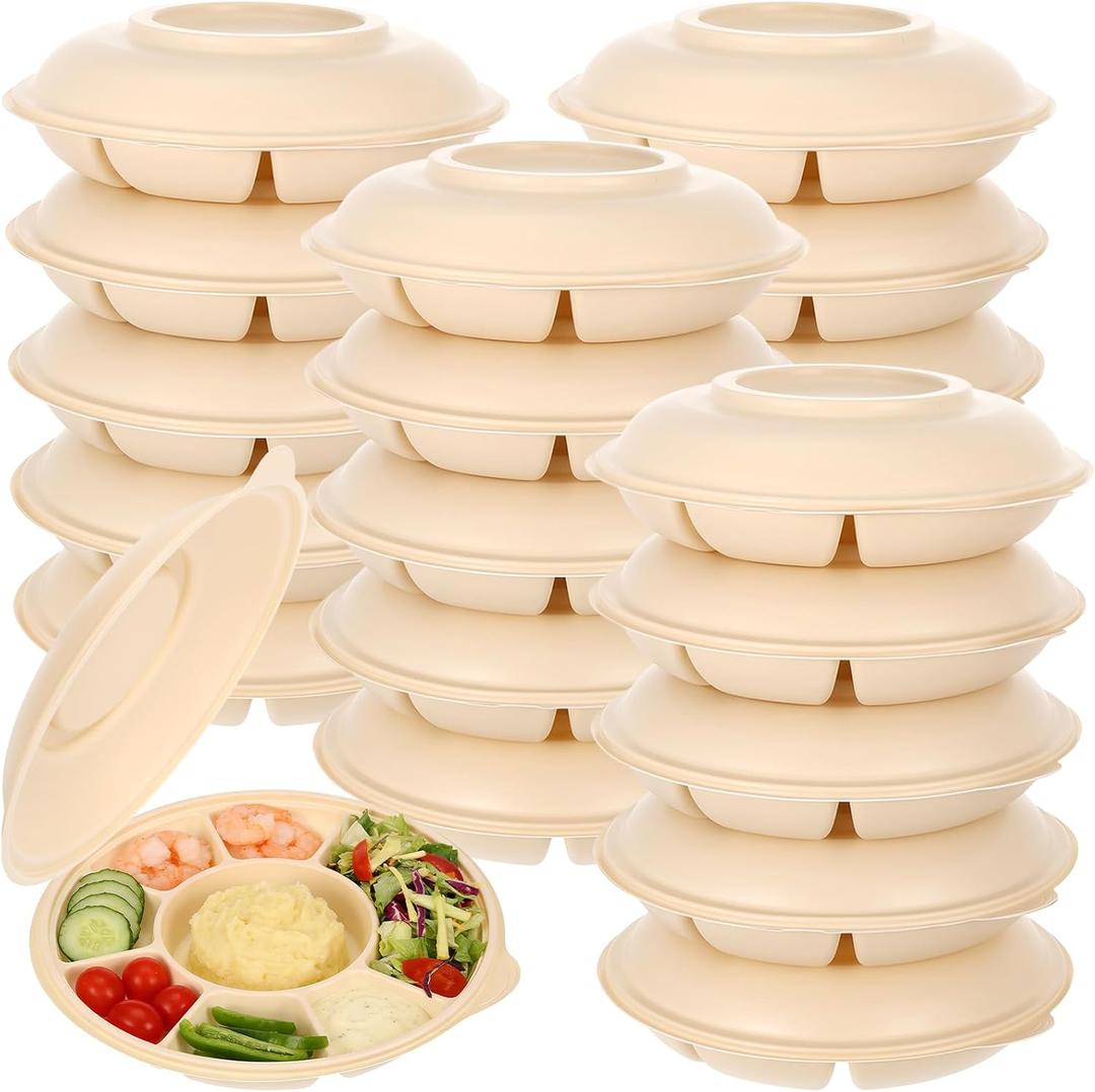 20 Pcs Disposable Divided Plates with 6 Deep Compartments 11 Inch Compostable Serving Tray with Lid Round Large Taco Chips Fruits Veggie Plates for Party Buffet