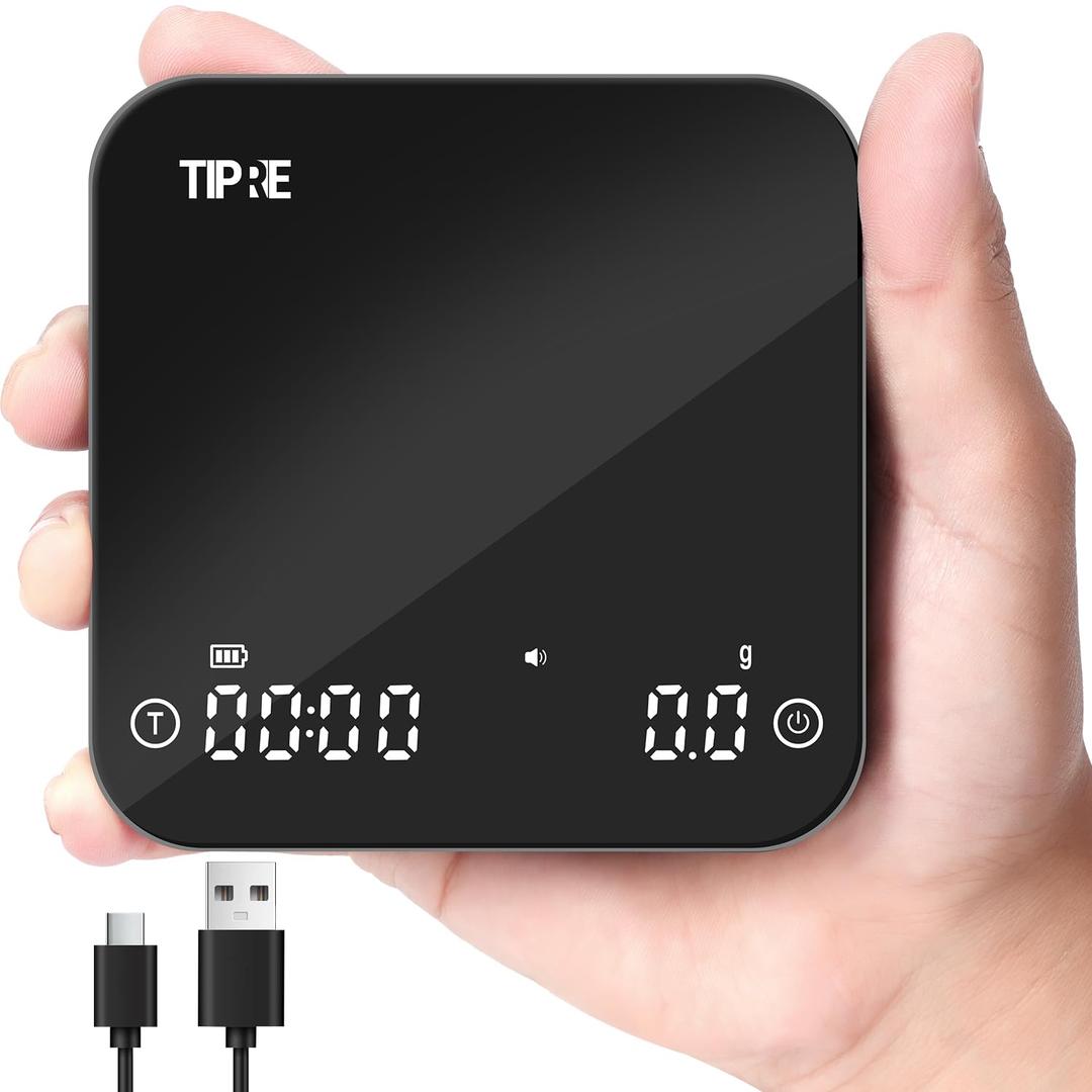 TIPRE Mini Coffee Scale with Timer, 2kg/0.1g Precision Portable Espresso Scale, Rechargeable Pour Over Scale with Type-C,Flow Rate Mode, g/oz/ml, LED Display, Tare Function, Silent Mode