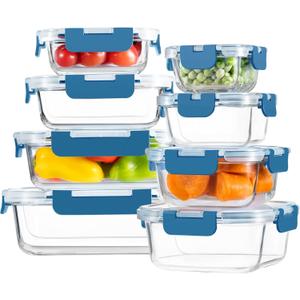HOMBERKING 8 Pack Glass Food Storage Containers with Lids, Meal Prep Containers, Airtight Bento Boxes with Leak Proof Locking for Microwave, Oven, Freezer and Dishwasher, BPA Free, 5-35oz, Deep blue