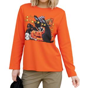 Barlver Women's Halloween Funny Skeleton T-Shirt Pumpkin Face Long Sleeve Novelty Cotton Costume Top Tees