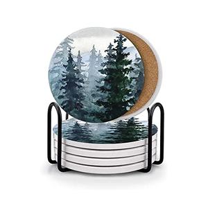 HUXJOKO Coasters for Drinks Set of 6,Watercolor Pine Forest Mountains Absorbent Ceramic Coaster,Round Stone Mat,with Cork Base and Metal Holder for Coffee Table Room Bar Home Decor Housewarming Gifts