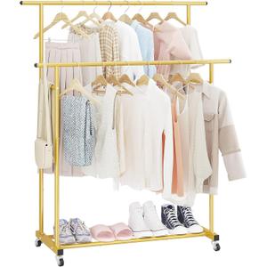 Calmootey Double Rod Clothing Garment Rack,Rolling Hanging Clothes Rack,Portable Clothes Organizer for Bedroom,Living Room,Clothing Store,Gold