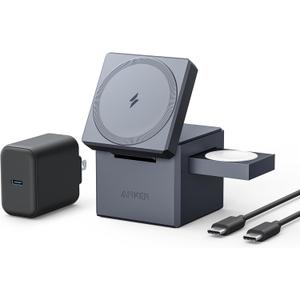 Anker 3-in-1 Cube Wireless Charger, MagSafe Charging Stand, 15W Foldable Fast Charging Station for iPhone 17/16/15, Apple Watch 1-8/Ultra, AirPods (Adapter Included, Non-Battery)