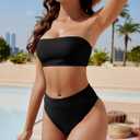 YACUN Women's High Waisted Bikini Swimsuit Two Piece Strapless Bandeau Cheeky Bathing Suits (Black, L)