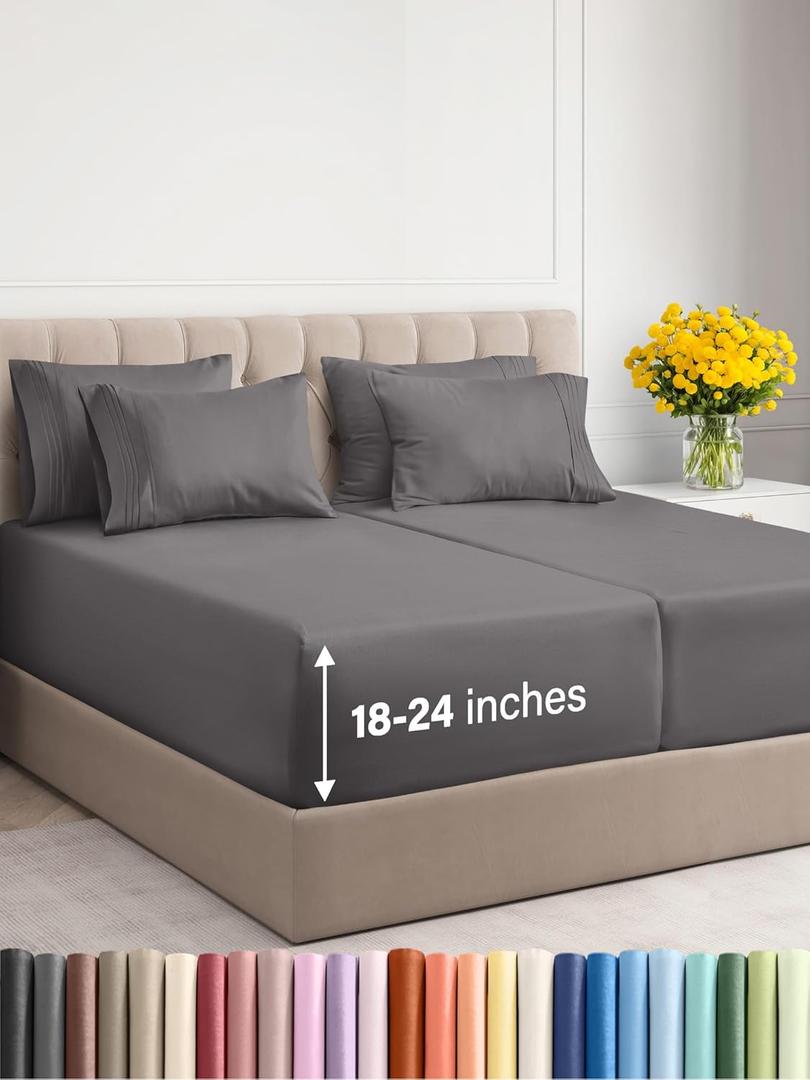Extra Deep Split King Sheet Set - 7 Piece Breathable & Cooling Sheets - Hotel Luxury Bedding Set 18-24 Inch Extra Deep Pockets - Easy Fit, Super Soft, Wrinkle Free & Comfy - Dark Grey, Split King Size (Split King Set, 07 - Dark Grey)