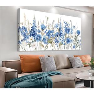tigeridge Blue Floral Canvas Wall Art - Vibrant Blue White Iris and Daisy Pictures Wall Decor Flower Painting Artwork Elegant Botanical Prints Living Room Bedroom Home Decor Ready to Hang 40 x 20in