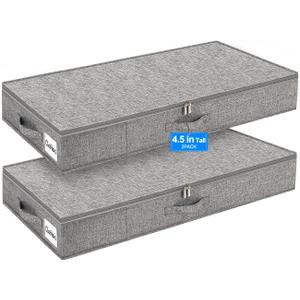 Punemi Under Bed Storage Containers, 2 Pack 4.5 Inch Tall Low Profile Underbed Clothes Storage Organizer Bin with Sturdy Side & Bottom Support, Use as Clothes Organizer, Pillow and Blanket Organizer