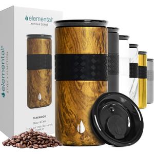 Elemental Artisan Insulated Tumbler, Triple Wall Coffee Travel Mug, Reusable Stainless Steel Coffee Tumbler with Ceramic Lid, Thermal Coffee Cups for Hot (6 Hrs) & Cold (18 Hrs), 16oz - Teakwood