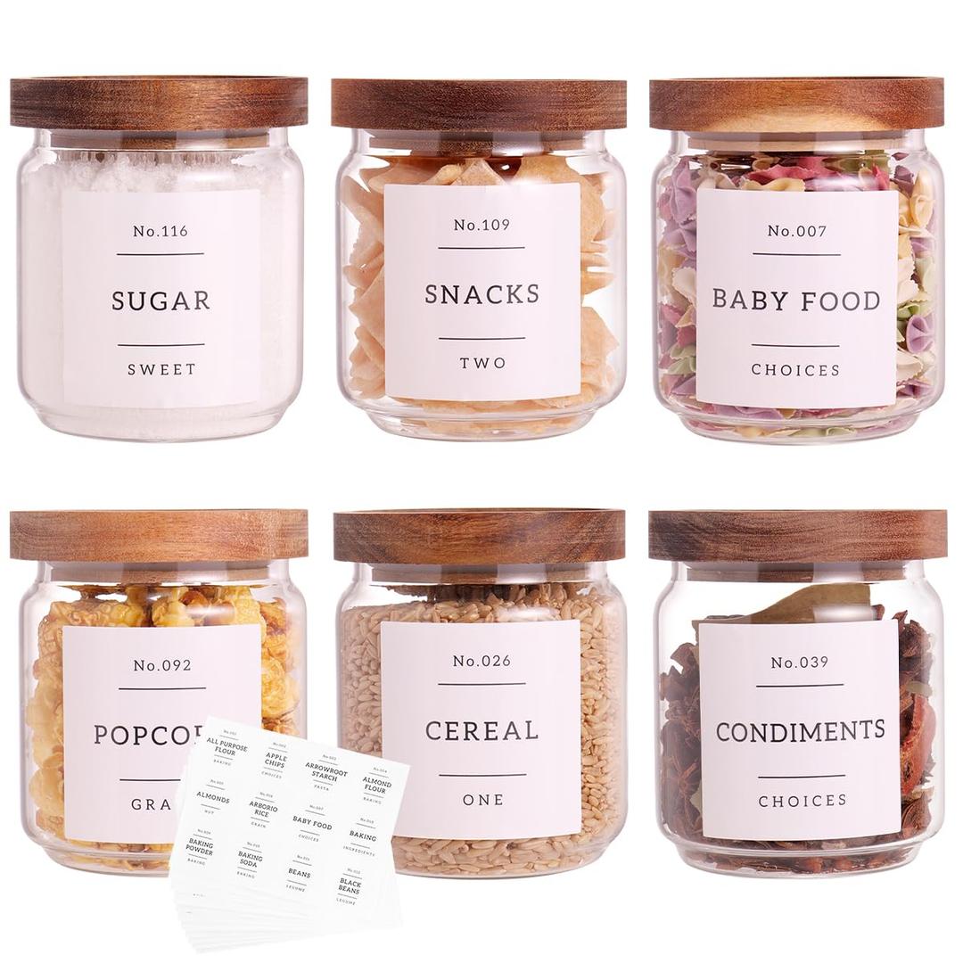 6 Set Glass Pantry Storage Jars with Acacia Airtight Lid - 15oz Thicken Glass Kitchen Canisters with 132 Pantry Labels - Clear Glass Food Storage Containers with Wood Lid for Tea, Sugar, Spice, Herbs