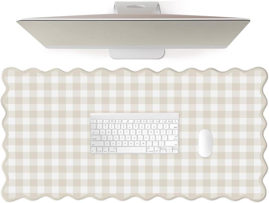 Scalloped Beige Checkered Gingham Desk Mat Cute Pastel Large Mouse Pad Kawaii Cottagecore Vintage Rustic Keyboard Pad Computer Mat for Desktop Aesthetic Cozy Office Desk Decor