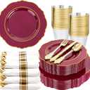 Liacere 175PCS Red Plastic Plates - Disposable Burgundy Red and Gold - 25 Guest Baroque Plastic Dinnerware Include 50Plates, 25Pack Pre Rolled Napkins with Silverware 25 Cups for Christmas