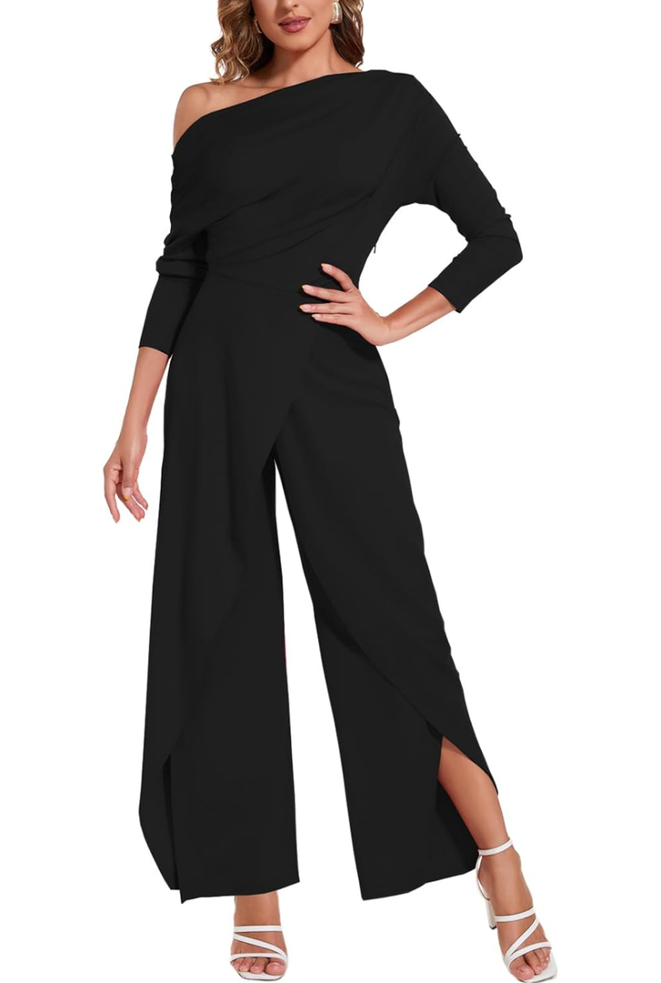 KnoInt Black Dressy Jumpsuits for Women Elegant Off The Shoulder Long Sleeve Jumpsuit Formal Wide Leg Pants Rompers with Zipper, Large