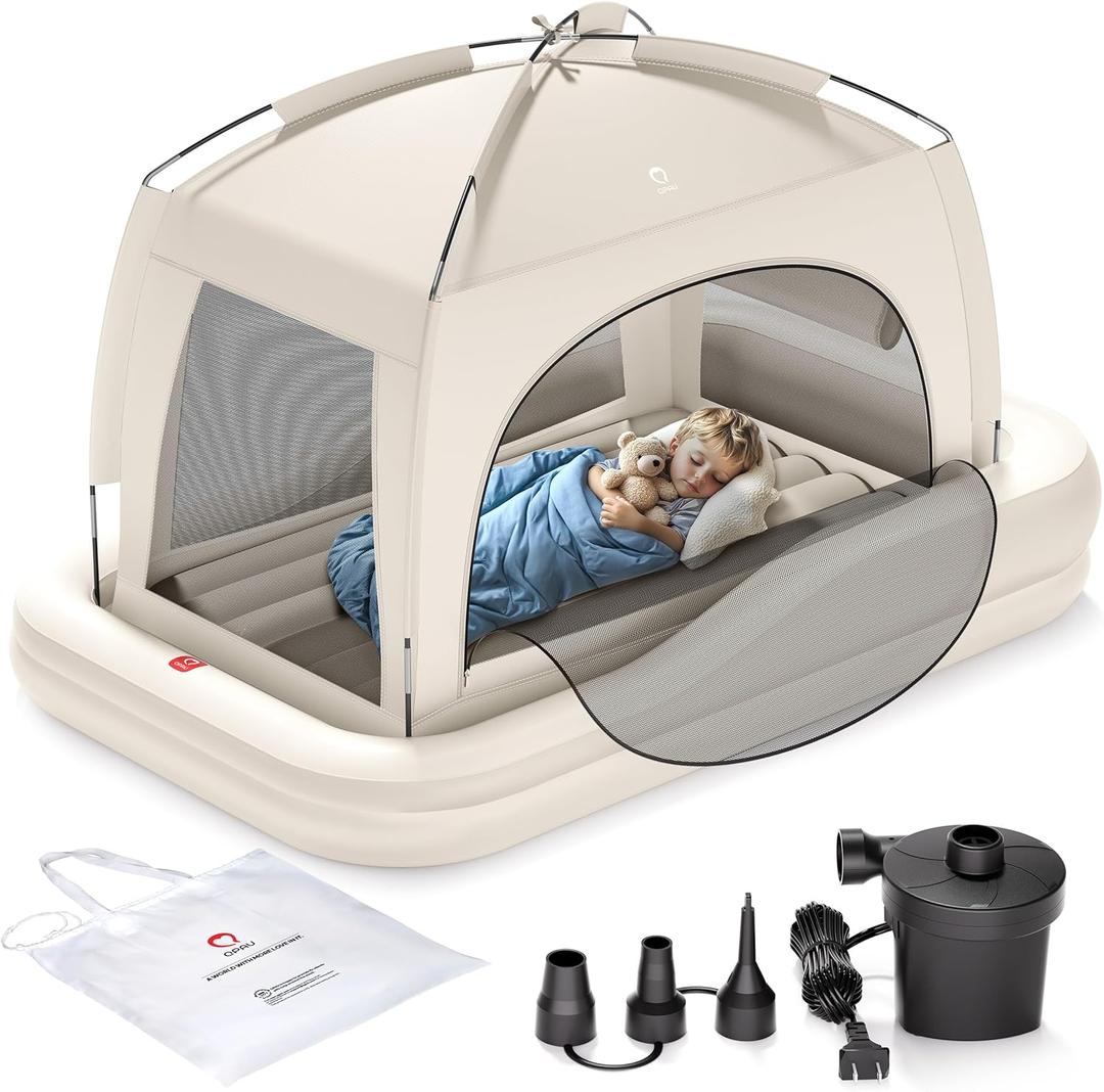 QPAU Inflatable Toddler Travel Bed with Tent, Portable Kids Air Mattress with Safety Sides, Ideal for Home, Grandma's, Camping, Traveling -Includes Fast Electric Pump (Khaki)