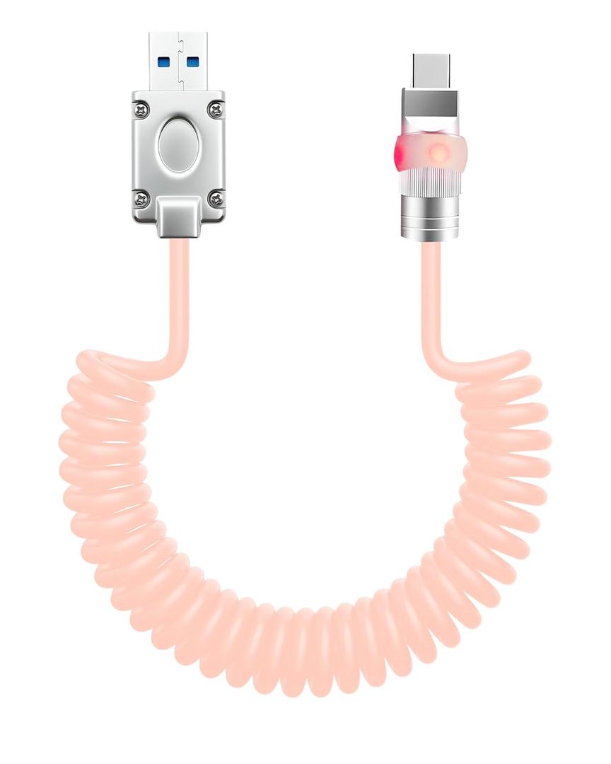chubbycable Neon Chubby Neon Glow Coiled USB C Cable for Car 100W Fast Charging Spring Cable with Gradient Illumination Compatible with iPhone 17-15 Series, Pink, USB-A to Type-C, 1.64FT-4.43FT