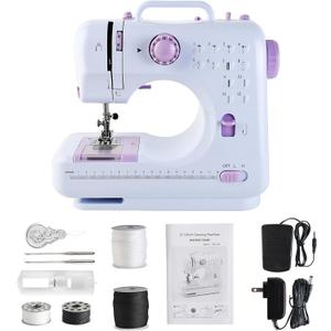 Mini Sewing Machine for Beginners and Kids Ages 8-12, Portable Sewing Machines with 12 Built-in Stitch Patterns, Light, 2 Speed Foot Pedal - Purple & White (with Basic Sewing Kit)