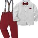 DISAUR Boy Suits Boys Wedding Outfit Dress Shirt with Bowtie/Suspender Pants for Formal Occasion 6-10 Years (Wine Red, 6-7 years old)