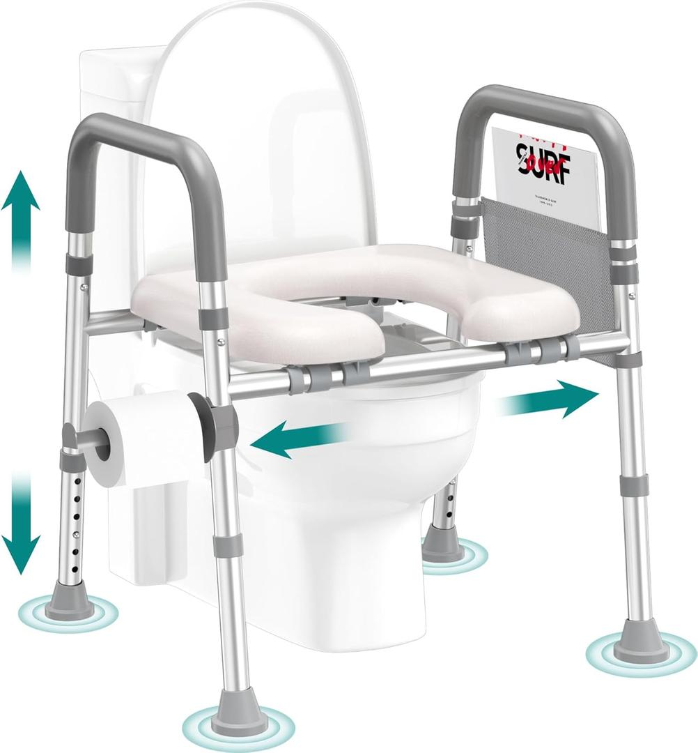 Toilet Seat Risers for Seniors, Raised Toilet Seat with Handles, Adjustable Height & Width, Cozy Padded 400lb Elevated Toilet Seat, Fit Any Toilet (Grey)