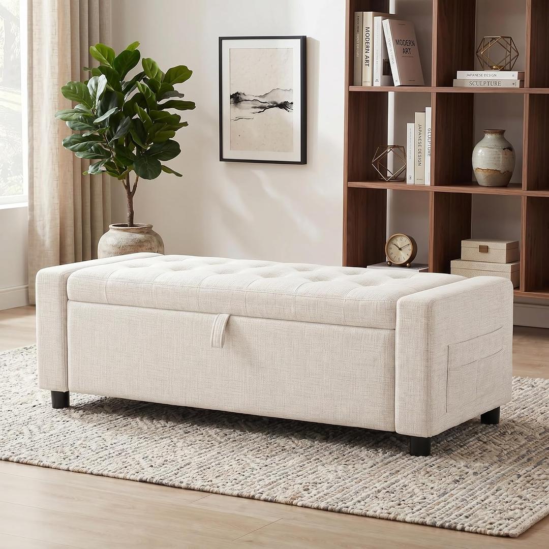 Marsail Upholstered Bench Rectangle Ottoman with Storage Bench for Bedroom End of Bed, Tufted Ottoman with Cushion, Modern Benches for Foot of Bed, Living Room, Entryway, Cream, 47.2"D x 18.5"W x 19.3"H