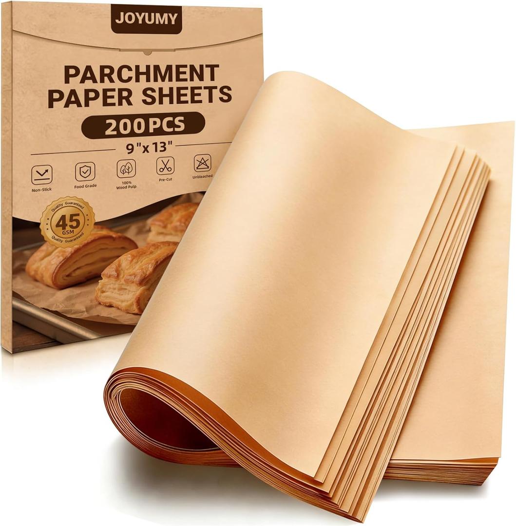 200 PCS 9x13 Inches Parchment Paper Sheets, Unbleached Parchment Paper for Baking, Non Stick Baking Sheets, Precut Parchment Paper Sheets for Baking, Brown Baking Paper (9" X 13")