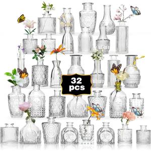 Glass Bud Vase Set of 32PCS Wedding Centerpieces for Tables,Mini Clear Bud Vases for Flowers,Small Flower Vases Suitable for Birthday Party,Anniversary,Wedding,Baby Shower (Clear, 30PCS)