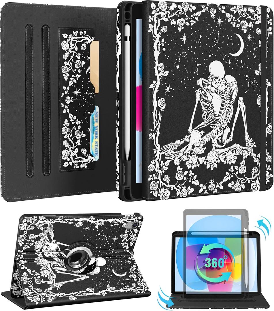Kidcube for iPad 10th Generation Case 2022, for iPad (A16) Case 11th Generation 2025 - Women Girls Cute Rotating Stand Folio Cover with Pencil Holder & Card Slot Goth Skull Floral Design Cases