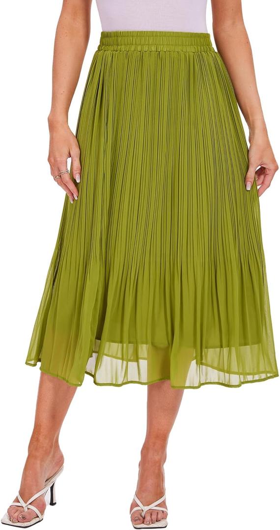 Breezy Lane Womens Midi Skirts for Women Pleated Elastic High Waisted A Line Ruffle Flowy Summer Skirts (Green), Medium