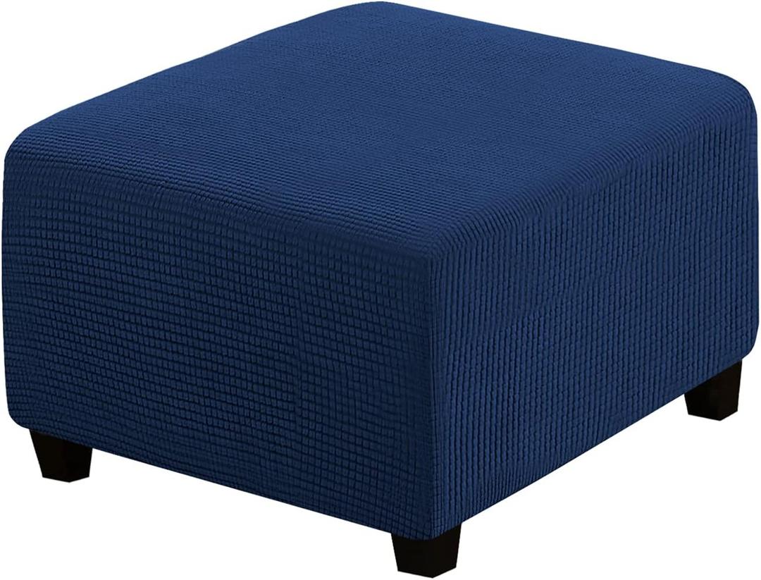 H.VERSAILTEX Square Ottoman Covers Ottoman Slipcovers Folding Storage Stool Furniture Protector Form Fit with Elastic Bottom, Stretch High Spandex Small Checks Jacquard Fabric (Medium,Navy)