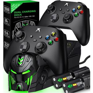 Rechargeable Xbox One Controller Charger Station with 2X 5520mWh Battery Pack Accessories Storage - for Xbox Series X/S/One/One X/One S Elite with 4 Battery Cases (Black)