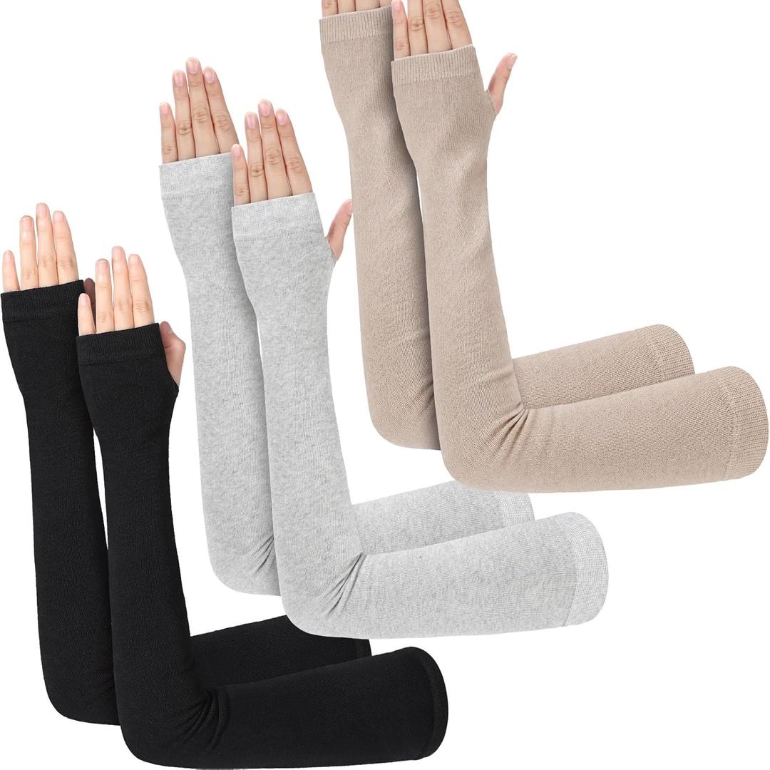 3 Pairs Sun Protection Arm Sleeves 23.6 Inch Long Fingerless Gloves for Women Cotton Arm Wrist Warmer with Thumb Hole