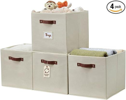 DECOMOMO Storage Baskets, 13x15x13 Storage Cube Bins with Labels for Organizing Shelves Kallax (Kallax / 4pcs, Beige)