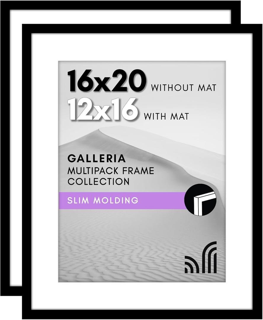 Americanflat 16x20 Picture Frame with Polished Plexiglass - Set of 2 - Use as 12x16 Frame with Mat or Display 16x20 Photo Without Mat - Galleria Collection - Picture Frames for Wall Display - Black