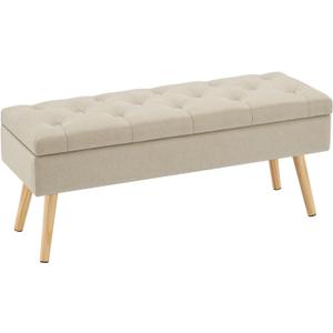 Gitrah Storage Bench Entryway Bench End of Bed Bench Ottoman Upholstered Linen Bedroom Bench Tufted Bench with Wooden Legs 40" Beige